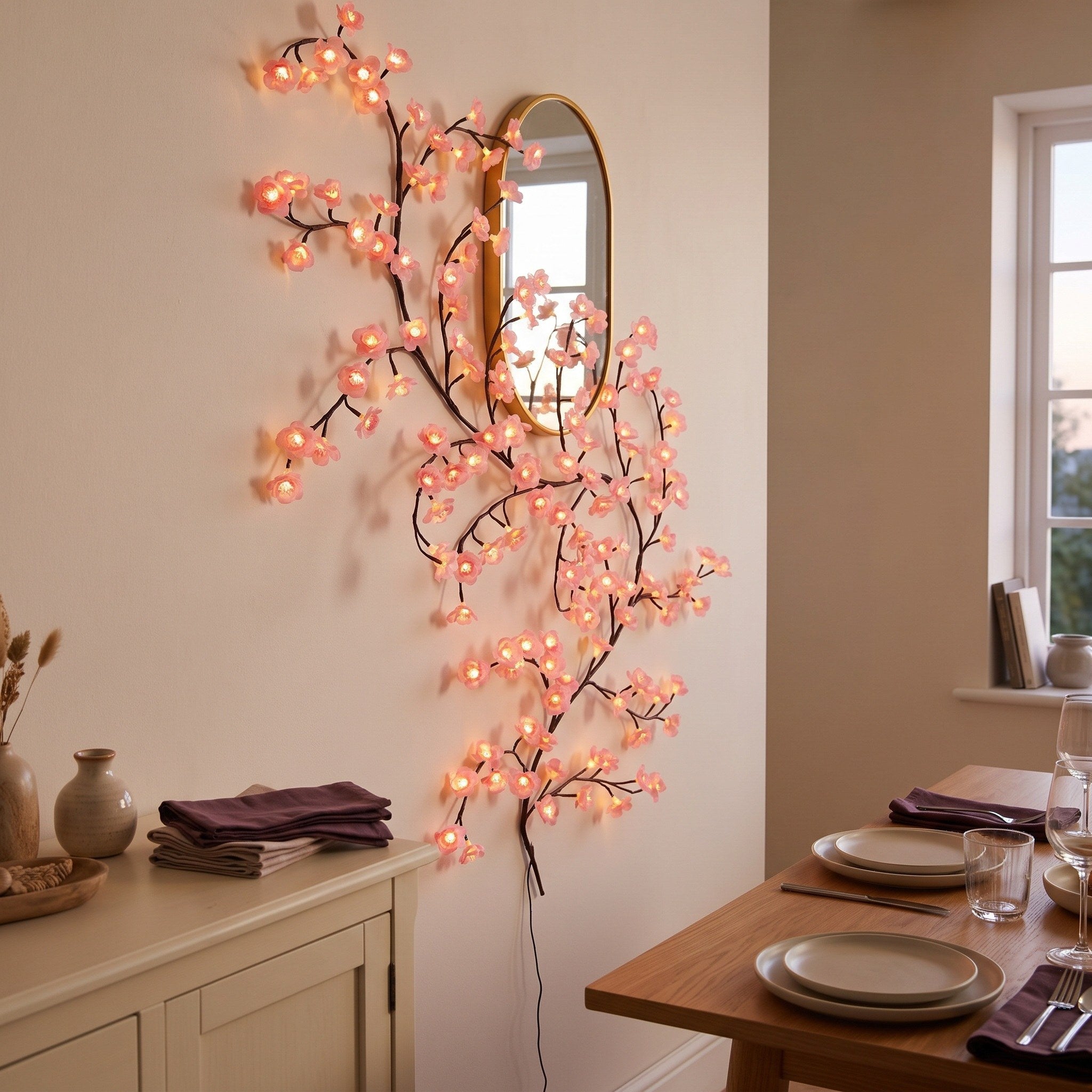 Pink blossom vine by a dining room mirror at night
