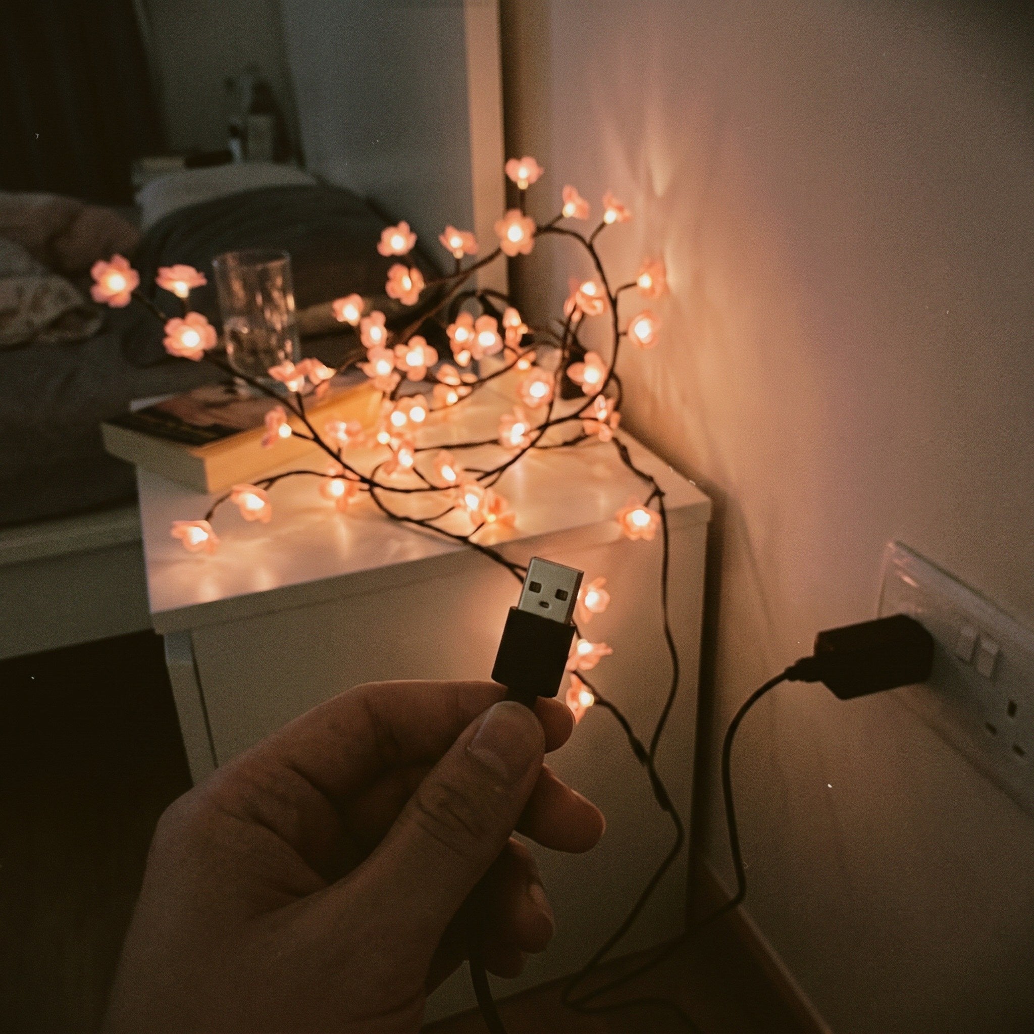 Hands plugging the pink blossom vine USB lead into power
