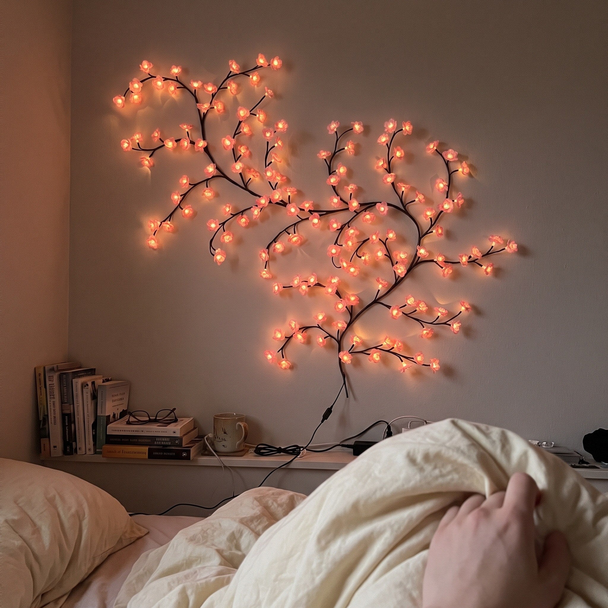 Pink blossom vine seen from the bed beside a bedside table