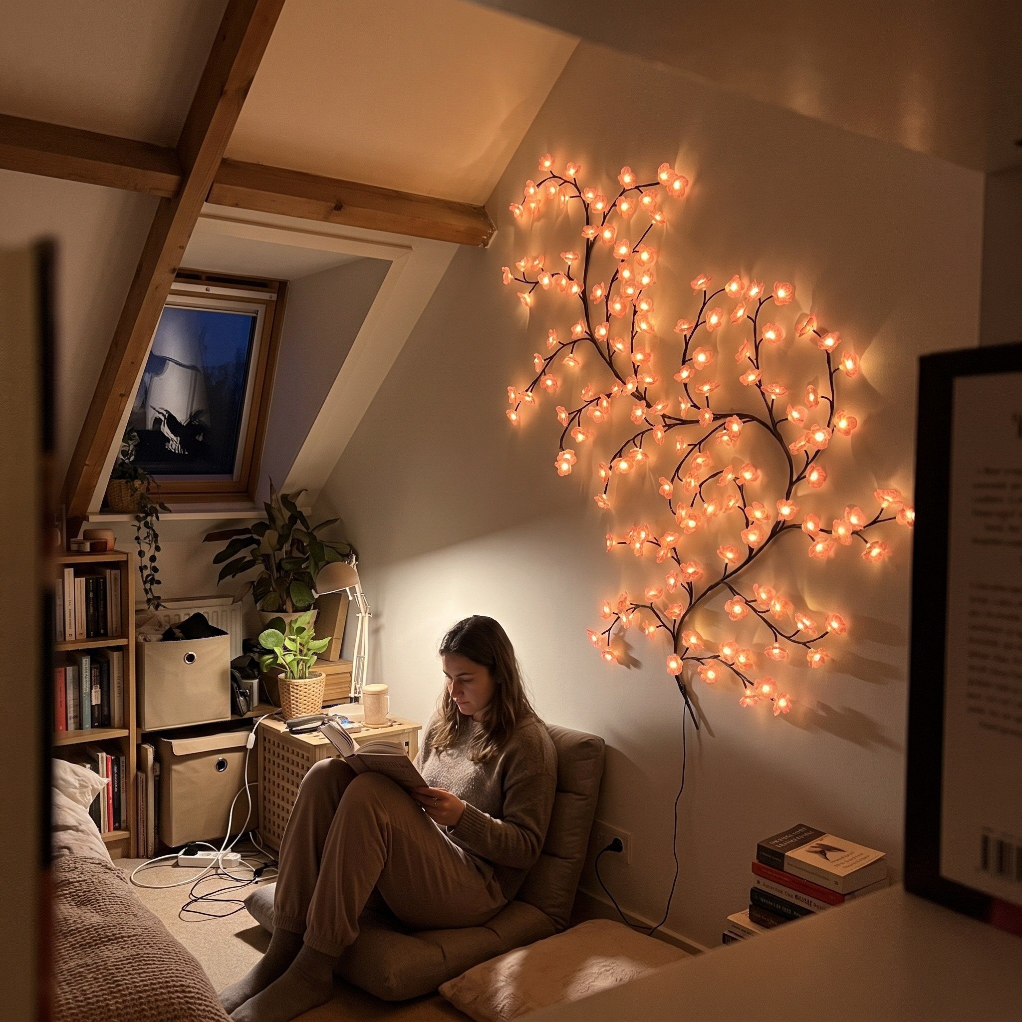 Person reading by a pink blossom vine in a cosy corner