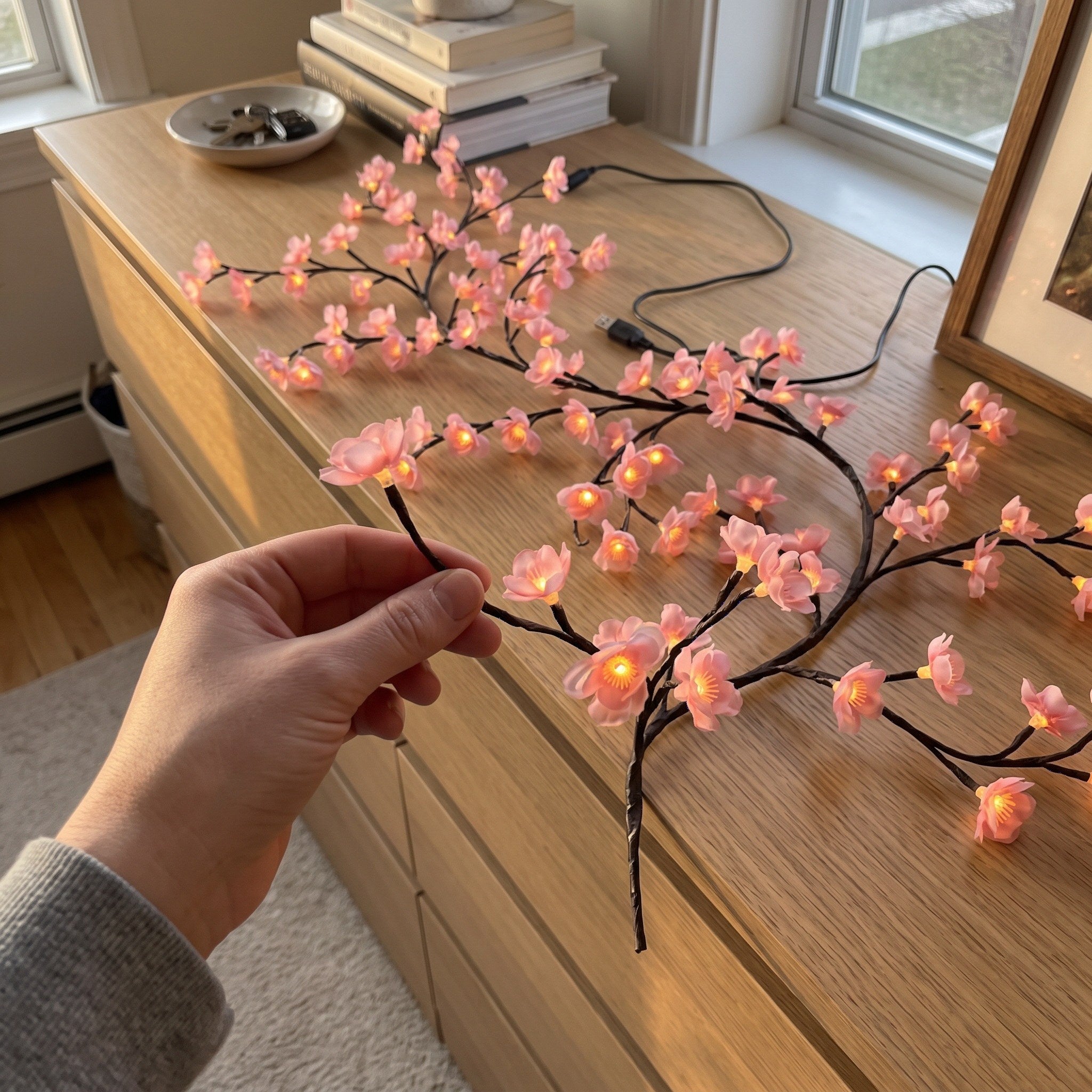 Hands shaping the dark branches of a pink blossom vine
